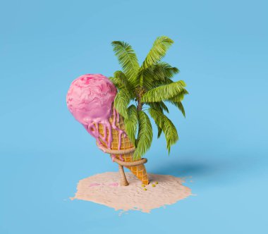 Üç boyutlu gerçeküstü bir kavram. Üstünde mavi bir arka planda duran bir kepçe pembe dondurma ile bir dondurma külahına bükülmüş bir palmiye ağacı..