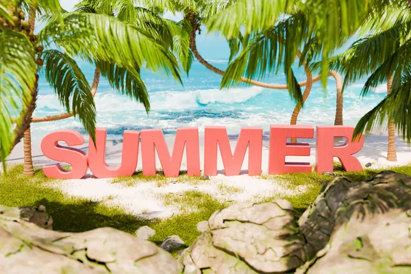 3D rendering of wood red letters spelling SUMMER on a tropical beach with lush palm trees, white sand, and turquoise ocean waves in the background.