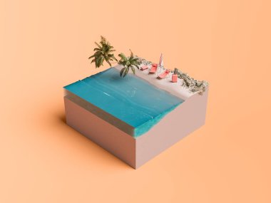 İzole edilmiş şeftali arka planında palmiye ağaçları, güneşlik yatakları ve kayaların yer aldığı kübik çerçevede 3D minyatür bir plaj görüntüsü. Plaj tatili.