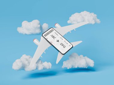 Mobil bir uçak mavi arka planda bulutlu dijital bir biniş kartı gösteriyor. Online seyahat rezervasyonu konsepti. 3d oluşturma