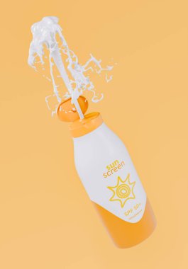 Canlı turuncu bir arkaplanda 50 şişe SPF 'den enerjik bir güneş kremi fışkırır. Cilt bakımı ve yaz eğlencesi kavramı. 3d oluşturma