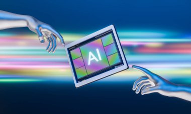 Yapay zeka mikroçipine uzanan şekillendirilmiş eller çizgili çok renkli arka plan üzerinde ışıl ışıl holografik renkler olan. Teknoloji ve ai yaratıcılığıyla insan etkileşimi kavramı. 3d oluşturma
