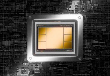 Altından bir işlemci çipinin üst görüntüsü ayrıntılı bir devre kartı arkaplanının üzerine yerleştirilmiş. Teknoloji, yapay zeka ve bilgisayar mühendisliği kavramları. 3d oluşturma