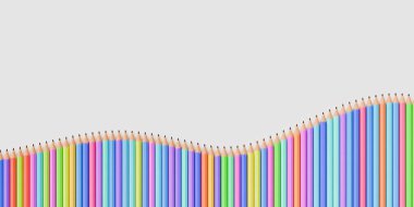 Değişik renklerde renkli kalemler, temiz beyaz bir arkaplana karşı dalgalı bir çizgide düzgünce dizilmiş. Sanat, yaratıcılık ve eğitim kavramı. 3d oluşturma