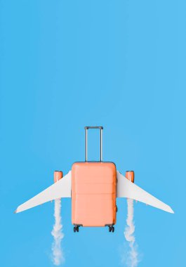 Gökyüzünde uçuşan kanatlı turuncu bir bavulun üç boyutlu görüntüsü, mavi bir arkaplan üzerine kurulmuş. Seyahat ve macera konsepti.