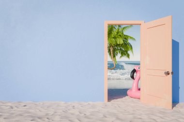 Pembe flamingo, palmiye ağacı ve okyanus dalgaları olan bir plaj sahnesinin kumlu mavi bir duvara dayandığı üç boyutlu görüntüsü. Yaz kaçış konsepti.