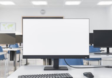 Modern bilgisayar sınıfındaki beyaz bir masanın üzerindeki mavi sandalyeli ve geniş pencereli monitörün yakın görüntüsü doğal ışık sağlıyor. Eğitim teknolojisi konsepti. 3d oluşturma