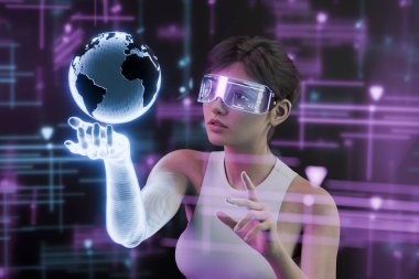 Artırılmış gerçeklik gözlüğü takan bir kadın dijital ortamda holografik bir dünyayla etkileşime girer. Gelecekteki teknoloji ve yenilik kavramı. 3d oluşturma