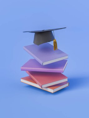 Mezuniyet şapkası mavi arka plandaki renkli kitapların üzerine yerleştirilmiş. Eğitim ve akademik başarı kavramı. 3d oluşturma