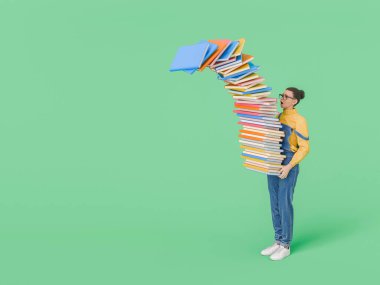 Sarı kazaklı ve mavi tulumlu bir kadın yeşil arka plana düşmeye başlayan uzun bir kitap yığınını tutmaya çalışıyor. Eğitim ve mücadele kavramı. 3d oluşturma