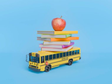 Renkli kitaplar ve kırmızı bir elma yığını taşıyan minyatür sarı okul otobüsü canlı bir mavi arkaplan üzerine kurulur ve okul heyecanının özünü yakalar. 3d oluşturma