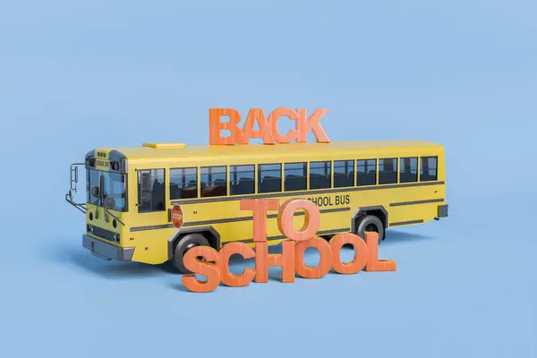 Stock image Yellow school bus is parked with a wooden sign saying back to school, announcing the start of a new academic year. 3d rendering