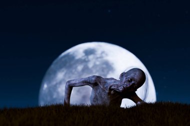 Arka planda dolunay varken geceleri mezarından çıkan korkunç zombi. 3d oluşturma