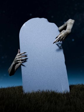 Korkunç bir Cadılar Bayramı gecesinde elinde boş bir mezar taşıyla mezardan kalkan bir çift zombi el. 3d oluşturma