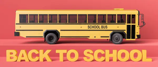 stock image Yellow school bus standing in front of large yellow back to school text on red background. 3d rendering