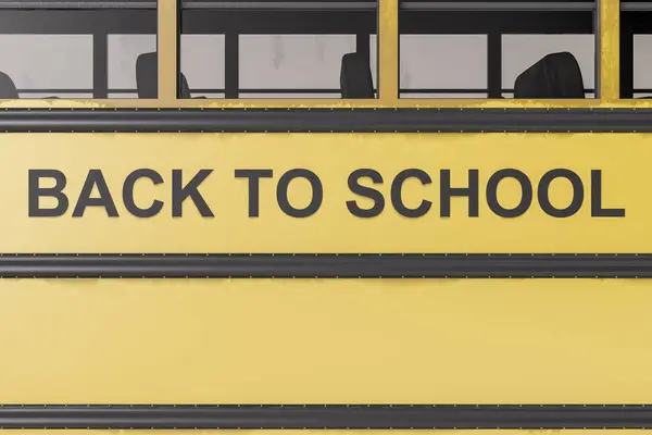 stock image Bright yellow school bus background with back to school sign and copy space. 3d rendering