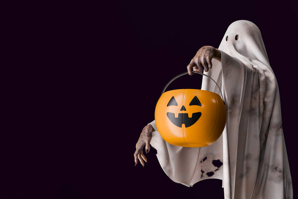 Spooky ghost is holding a halloween pumpkin basket in its hand, ready for trick or treating. 3d rendering