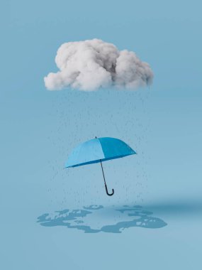 Mavi şemsiye, mavi bir stüdyonun arka planındaki buluttan gelen yağmurdan koruyor. Mavi Pazartesi konsepti. 3d oluşturma