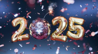 Yeni yılı konfeti düşerken kutlayan bir disko topu bombasıyla 2025 sayısını oluşturan altın balonlar. 3d oluşturma