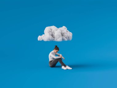 Young woman is sitting on the floor with her head down and a cloud over her head, symbolizing her sadness and depression. 3d rendering clipart