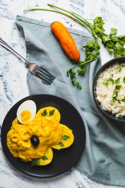 Typical dish called Aji de gallina, is very well known and traditional of Peruvian gastronomy.