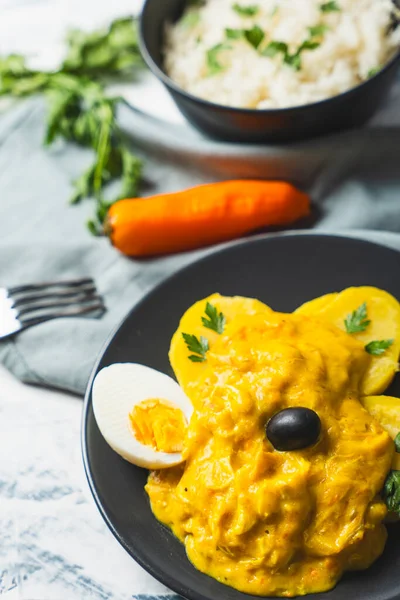 Typical dish called Aji de gallina, is very well known and traditional of Peruvian gastronomy.