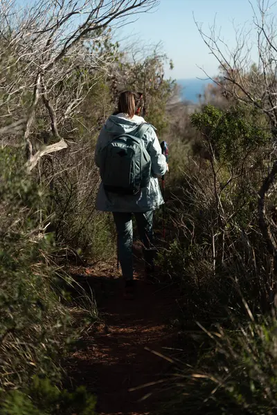 Woman climbs the mountain in the Garraf Natural Park, supported by hiking sticks.