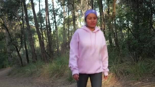 Mujer Mascota Caminan Por Bosque Con Los Rayos Del Sol — Vídeos de Stock