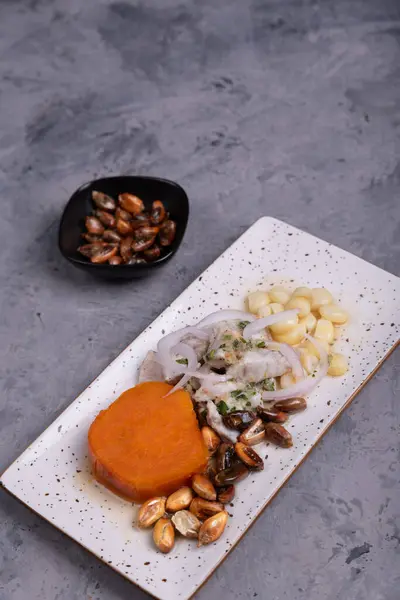 stock image Presentation of a Peruvian dish called Ceviche.