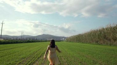 Yeşil bir tarlada koşan bir kadın uzaktaki bir trene el sallıyor..