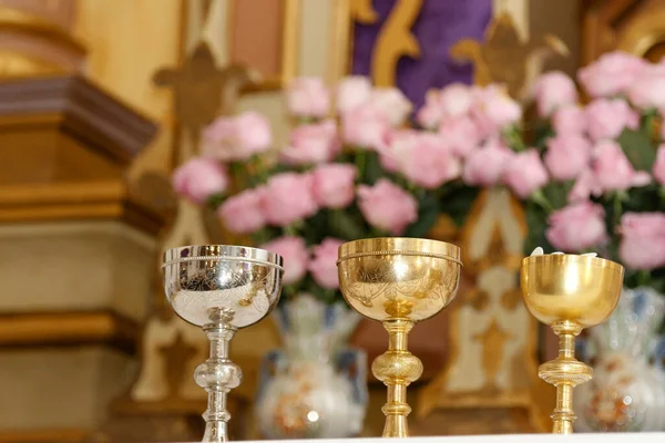 Chalice Ambula Altar Moment Holy Mass Consecration Bread Wine Body — Stock Photo, Image
