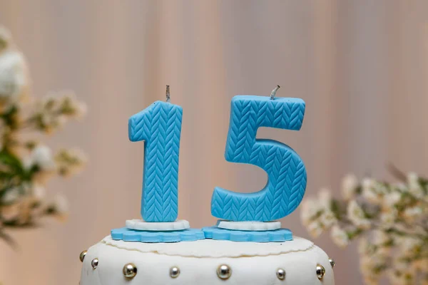 Blue Party Cake 15Th Birthday Blue Number Fifteen White Cake — Foto Stock