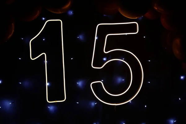 Nummer Fünfzehn Mit Lichtern Bei Geburtstagsfeier Frontansicht Lichterparty — Stockfoto