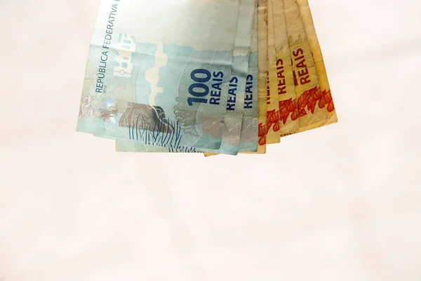Fazer Pagamento Com Dinheiro Brasil Várias Centenas Notas — Fotografia de Stock