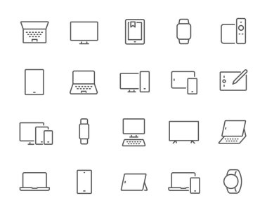 Smartphone Tabletleri ve Anlık Kullanım için TV Ekranları dahil olmak üzere, Dijital Aygıtlar için Düzenlenebilir Doğrusal Biçim Vektör Simgeleri Ayarlandı. Vektör illüstrasyonu