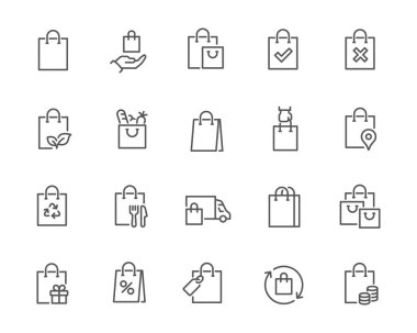 Alışveriş ve Depolama Temasında Satır Biçiminde Düzenlenebilir Vektör Simgesi Ayarlandı. Sette alışveriş poşetleri, satışlar, çevre dostu paketler, indirimler ve alışverişler yer alıyor. Simgeler kullanıma hazır.