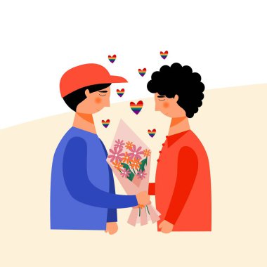 Genç LGBT çifti flört ediyor ve çiçek ilüstrasyon karakter vektörü veriyor