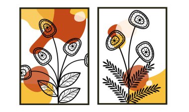 El çizimi minimal çizgi, çiçek duvar izi koleksiyonu. 2 adet çiçek desenli duvar dekorasyonu, duvar resimleri, duvar kâğıdı, duvar baskısı, kartlar ve arka plan. Organik şekiller posteri. 