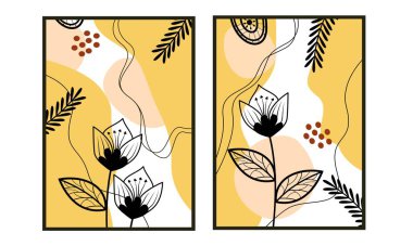 El çizimi minimal çizgi, çiçek duvar izi koleksiyonu. 2 adet çiçek desenli duvar dekorasyonu, duvar resimleri, duvar kâğıdı, duvar baskısı, kartlar ve arka plan. Organik şekiller posteri. 