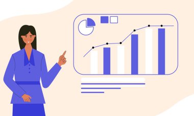 Businese women show charts presentation illustration character. Vector illustration