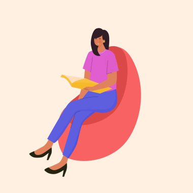 Women reading a book on sofa flat character. Girl sit on sofa and reads book illustration. Student study at home Vector illustration design.