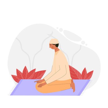 Muslim Man praying at mosque during Ramadhan Kareem. A boy salat Illustration character design. Vector Illustration.