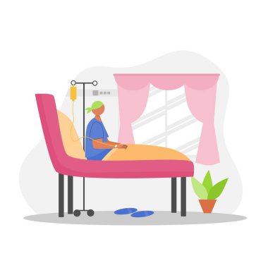 Cancer patient sitting on hospital bed looking at view from window illustration. Flat design cartoon character vector illustration. World cancer day.