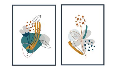 Set of 2 printable abstract organic shapes wall art decorations. Mid century moden flowers and leafs wall decoration vector illustration. Can use for poster, home decor, wallpaper, and cards.
