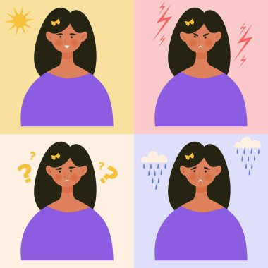 Üzgün, kızgın, mutlu ve kafası karışmış bir kızın ifadesi. Çizgi film karakteri kadınlarının ifade koleksiyonu. Vektör illüstrasyonu.