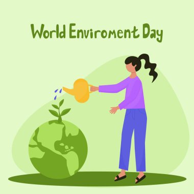 Dünya Çevre Günü sosyal medya afişi. Düz dizayn. Dünya üzerindeki kız sulama bitkisi..