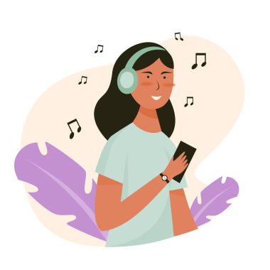 Kulaklık illüstrasyonuyla müzik dinleyen güzel kız. Vektör illüstrasyon tasarımı.
