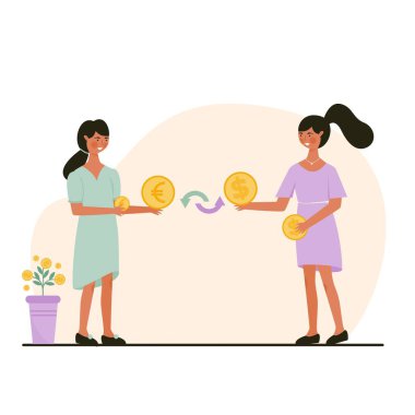 Euro illüstrasyonuna para değişimi doları. Düz karakterli kız para değişimi online illüstrasyon vektör sanatı.