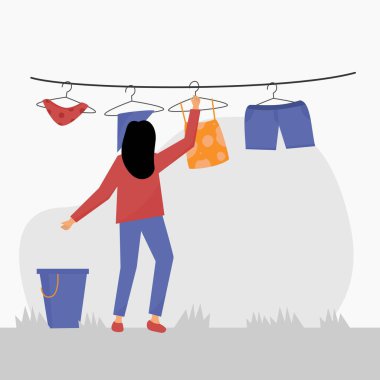 Elbiseleri asan kadın. Elbise kurutma vektörü çizimi.