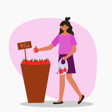 Kadın elma meyvesi illüstrasyon tasarımı satın alıyor. İndirimli meyve çizimi için alışveriş yapan kız düz karakter.